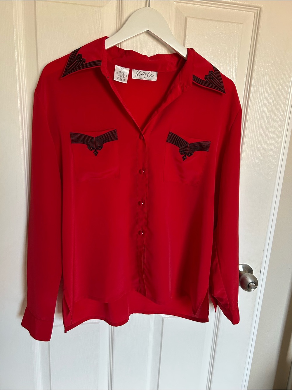 Kathy Che Red Button-Down Shirt with Black Embroidered Details